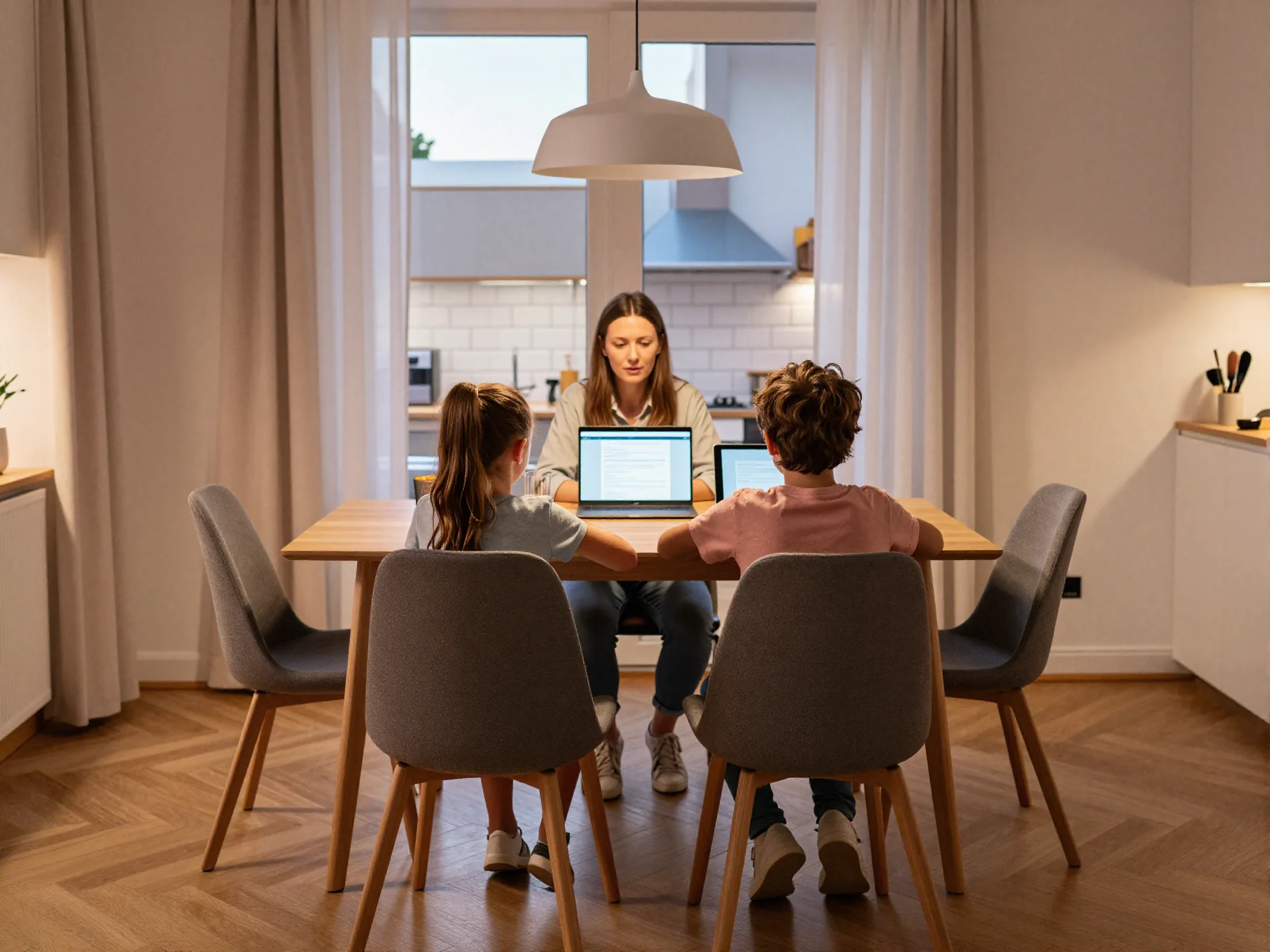 Family gathered around a dining table with devices