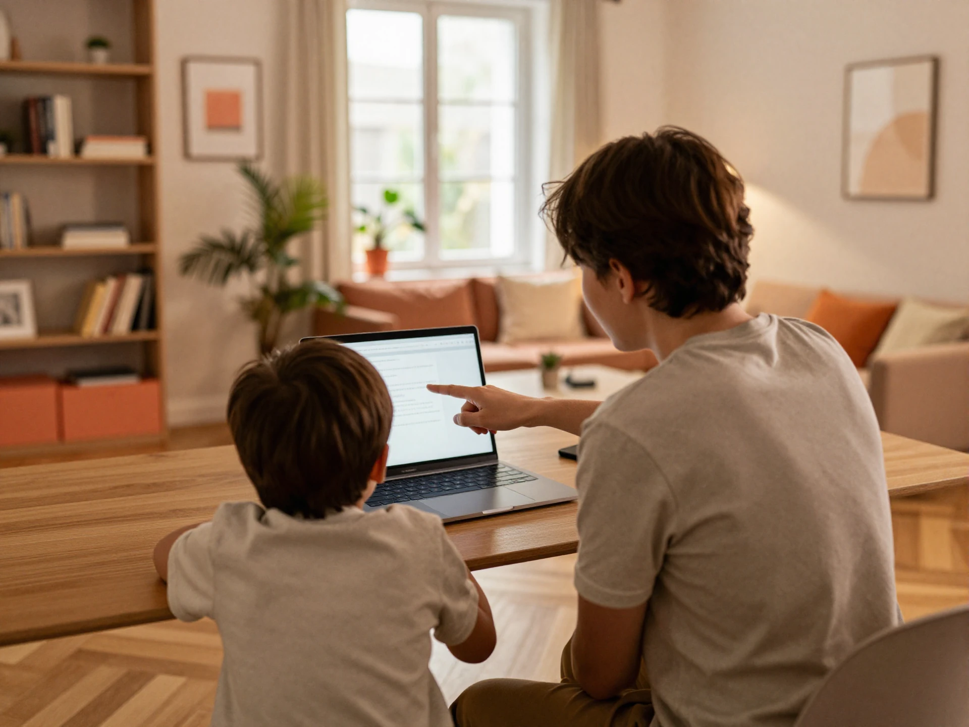 Parent and child learning about online safety together at home