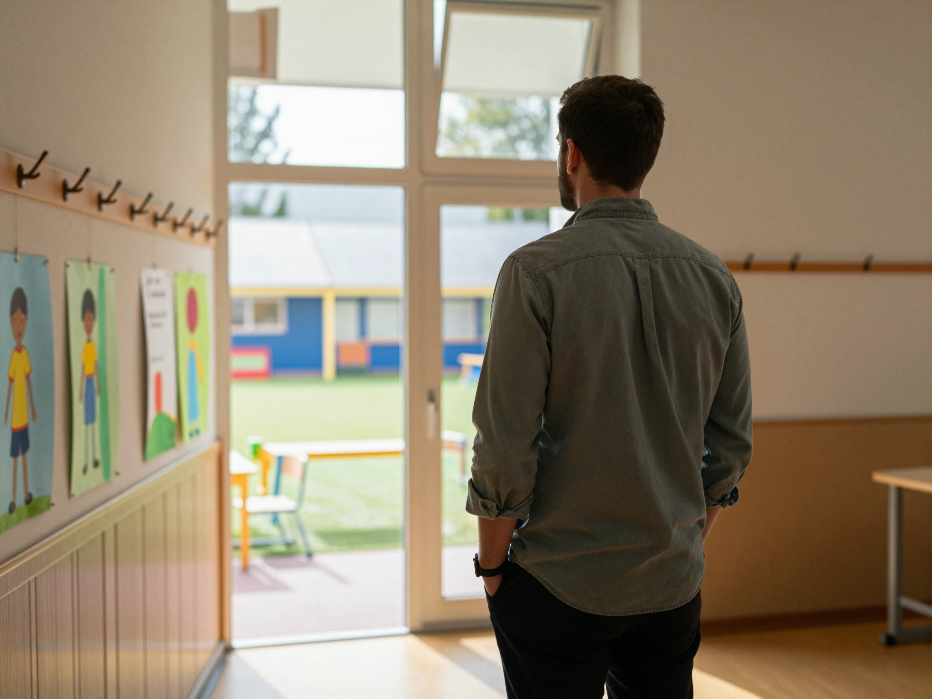 Portrait of the founder — warm, approachable, standing in a school hallway or classroom