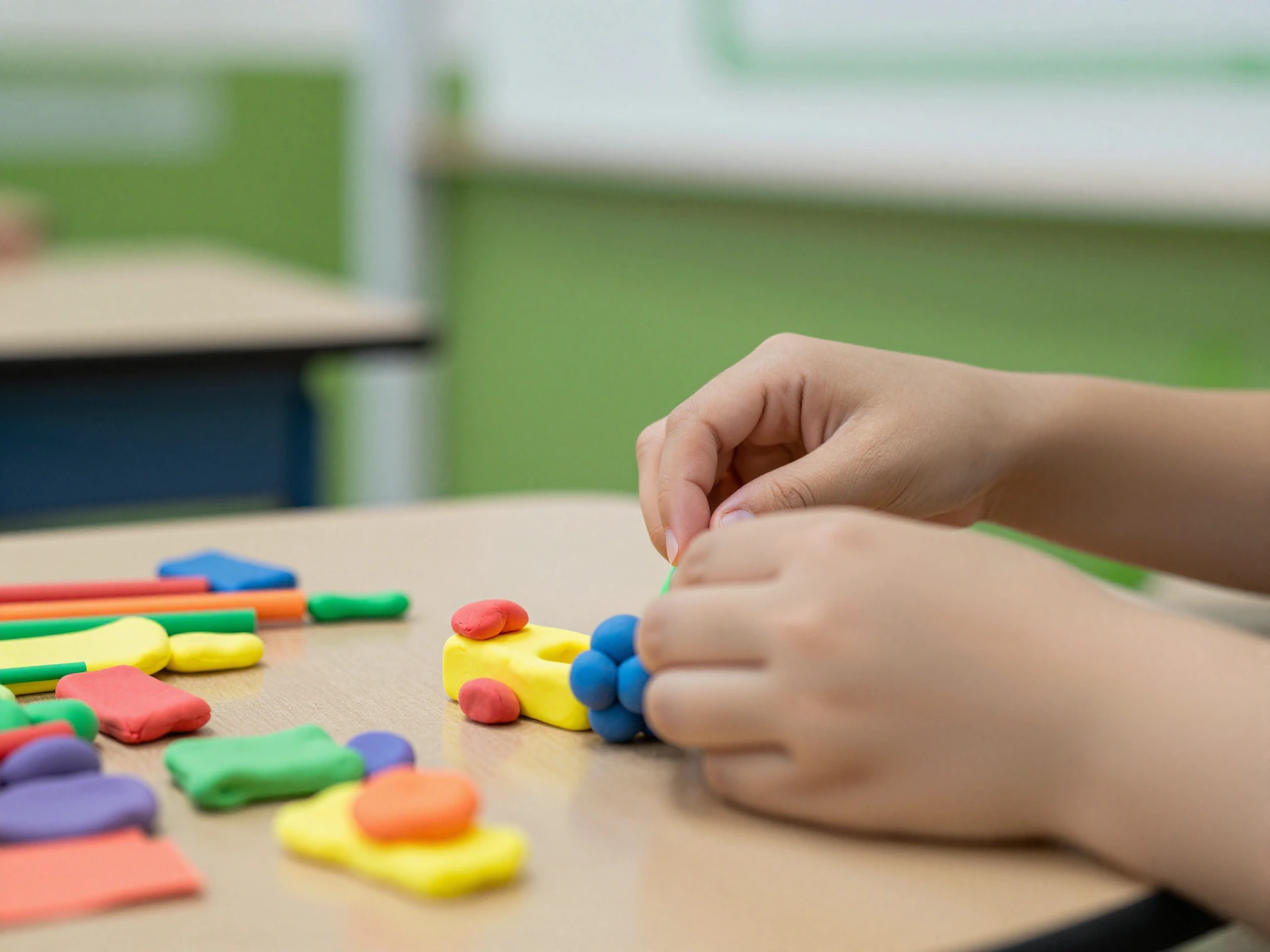 Close-up of a child's hands building something creative