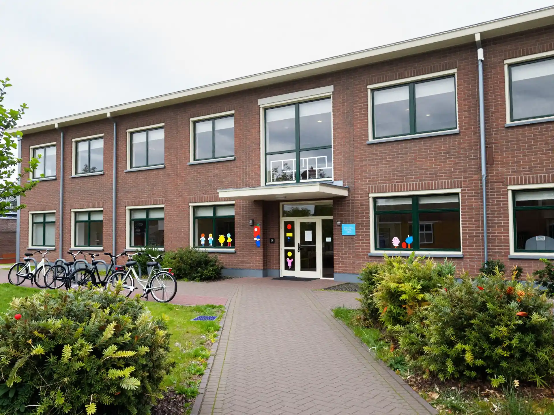 A welcoming Dutch primary school exterior or entrance