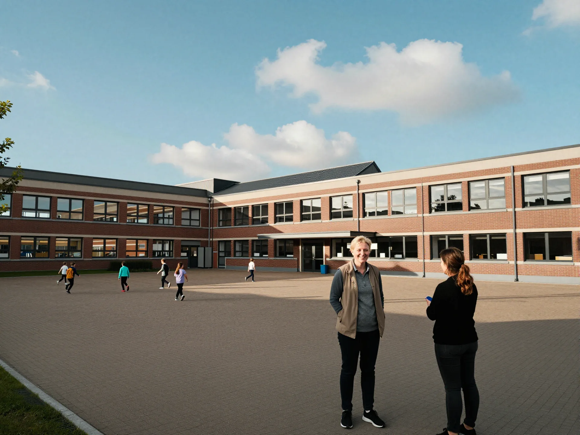 Children in a bright schoolyard using tablets with teachers guiding them